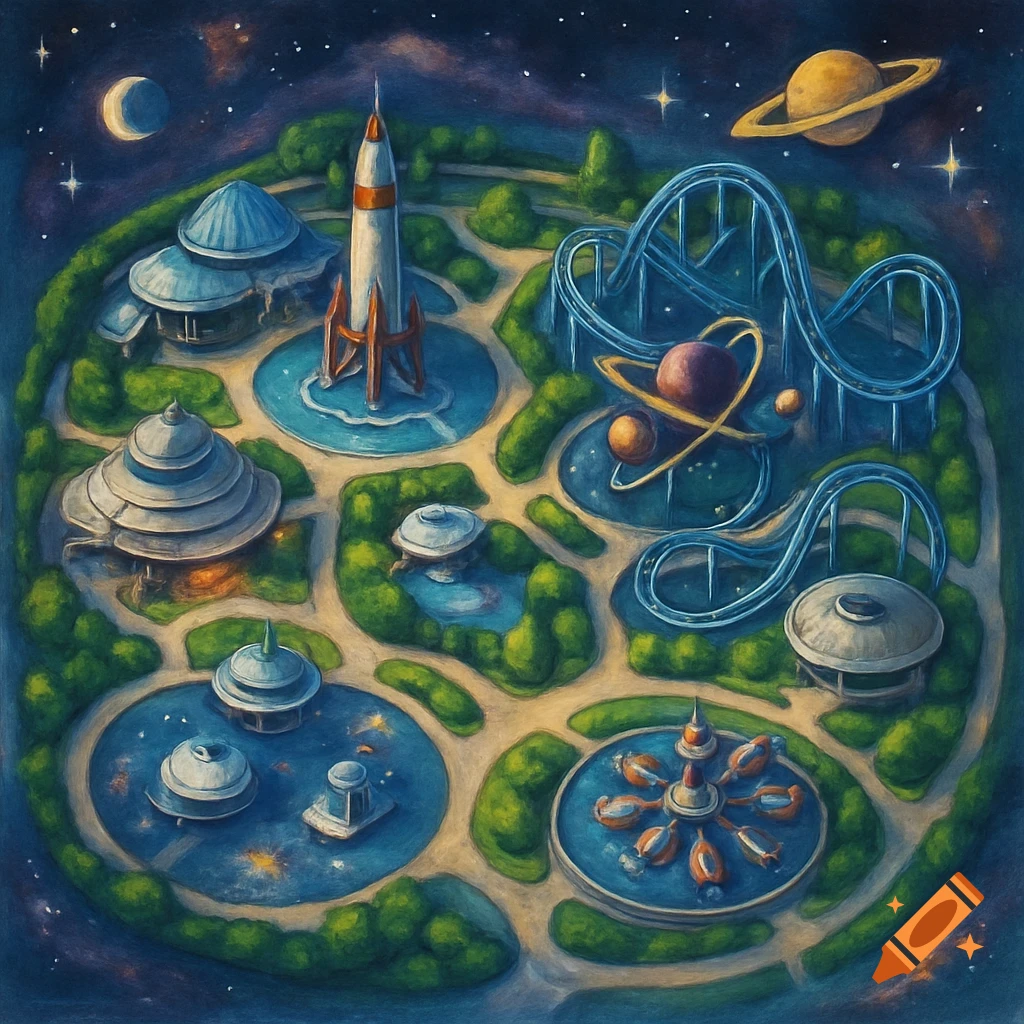 Overhead illustration of a space-themed theme park map with rides and a rocket under a starry sky.