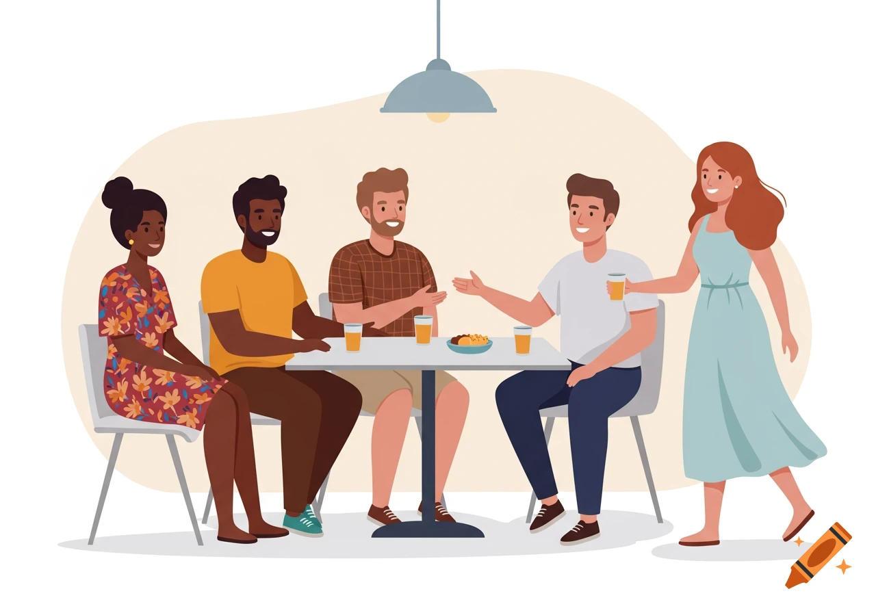 Flat vector illustration of diverse people dining at a table