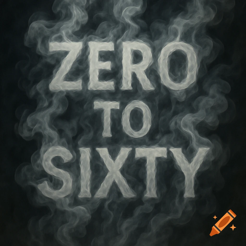 The words ZERO TO SIXTY rendered in smoke on a dark background