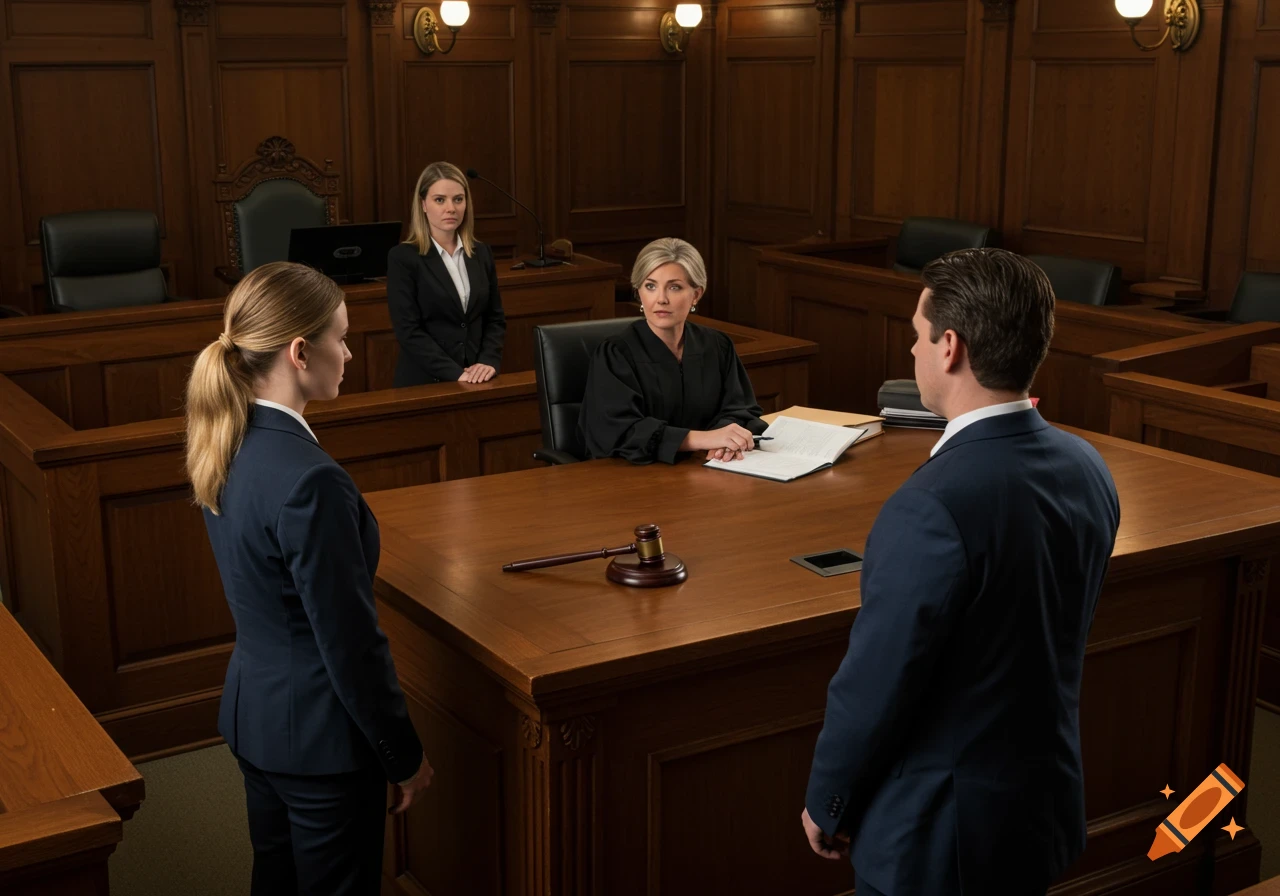 Photorealistic image of a courtroom with a judge and lawyers.