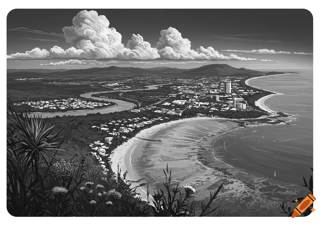 Black and white illustration of a coastal town, river, and mountains
