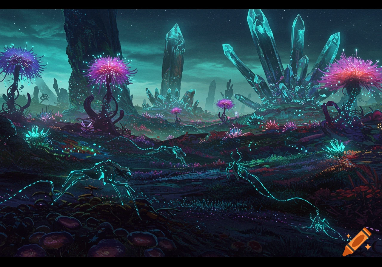 Vibrant, surreal alien landscape with glowing flora, crystals, and strange creatures under a starry sky.