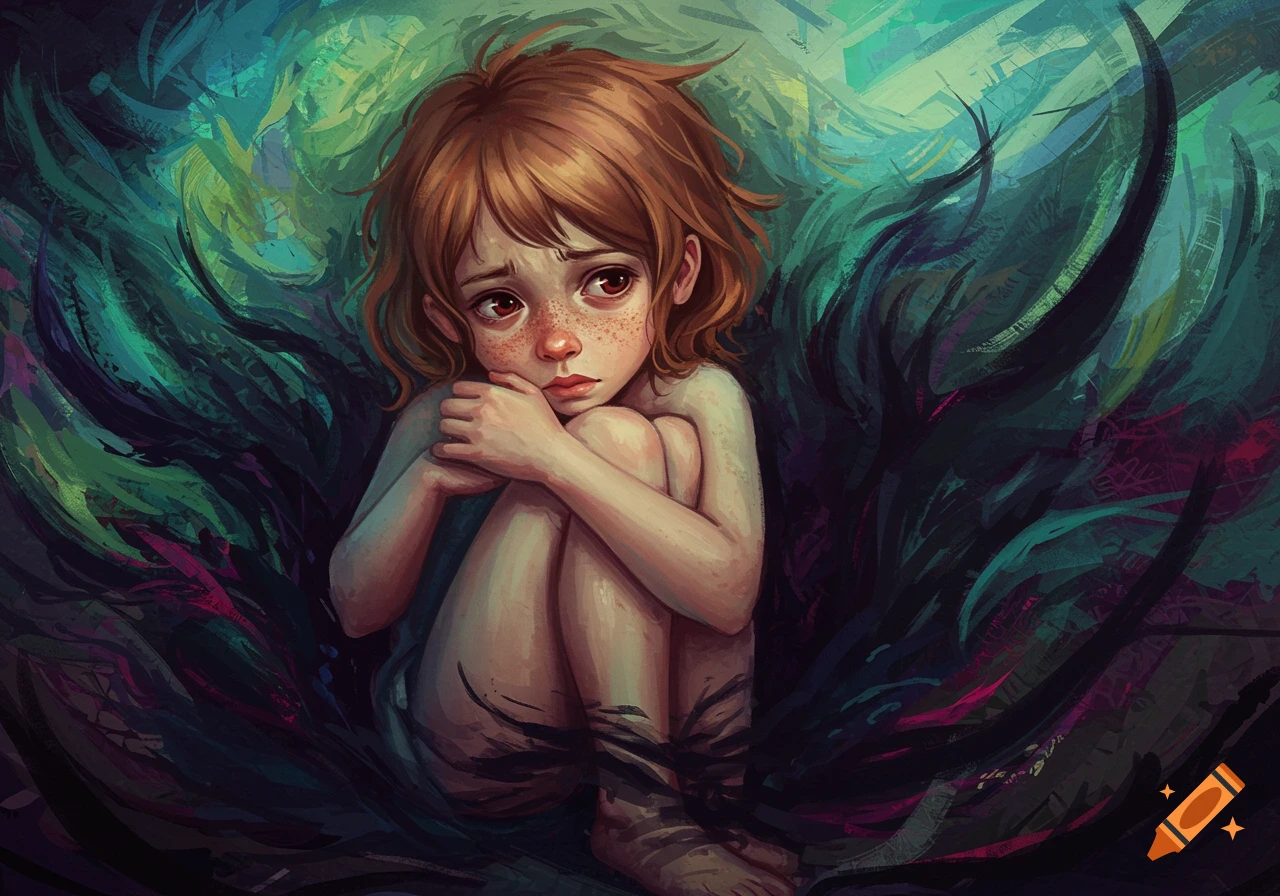 A young child curls up, looking sad, amidst swirling dark green and blue painterly strokes.