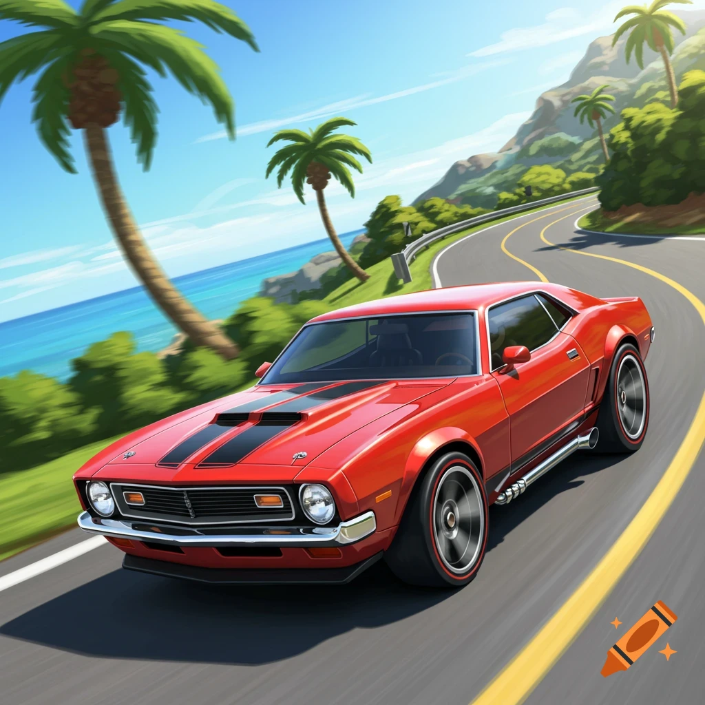 Stylized red classic car drives on a tropical coastal road