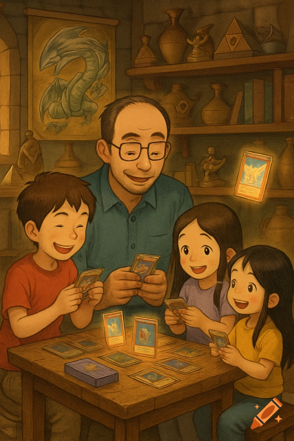 Anime-style illustration of a dad and three children playing a card game at a table in a room filled with fantasy decor.