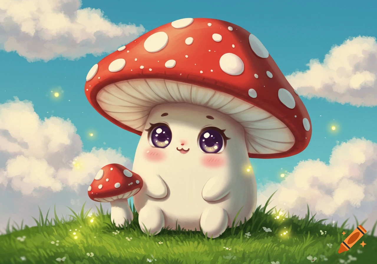 A cute anime mushroom with a large red cap sits on grassy ground under a cloudy sky with sparkling lights.