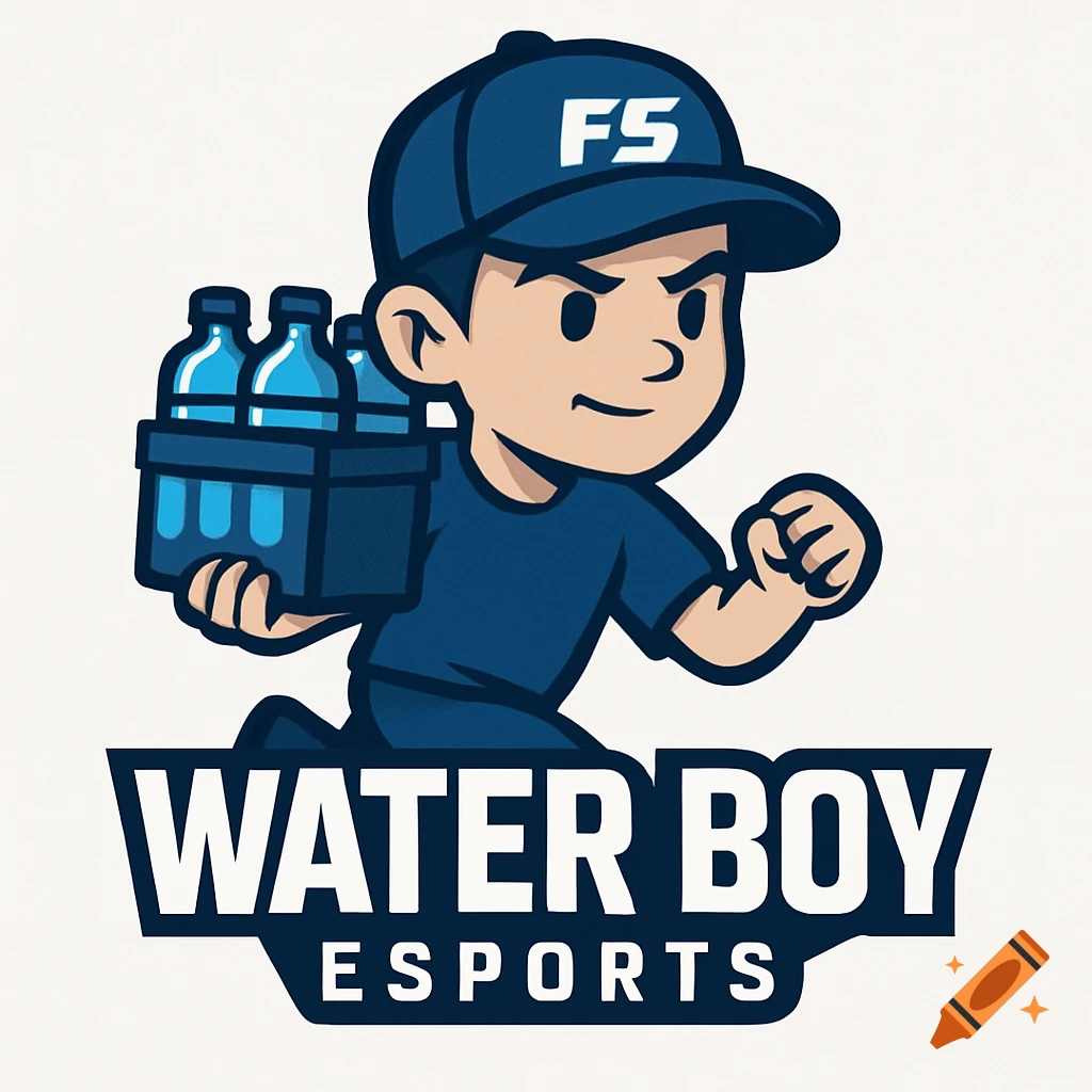 Cartoon character mascot of a running boy carrying water bottles, wearing a cap with 'FS' and text reading 'WATER BOY ESPORTS'.