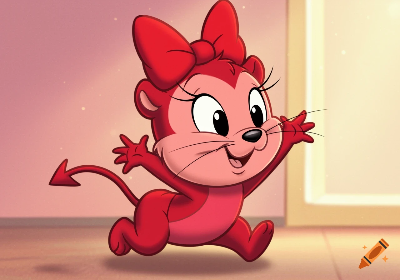 Cartoon baby devil creature with a red bow runs.