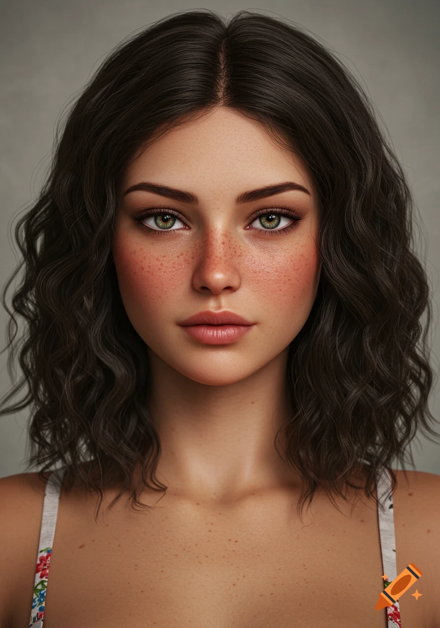 Close-up photorealistic portrait of a woman with green eyes and freckles.