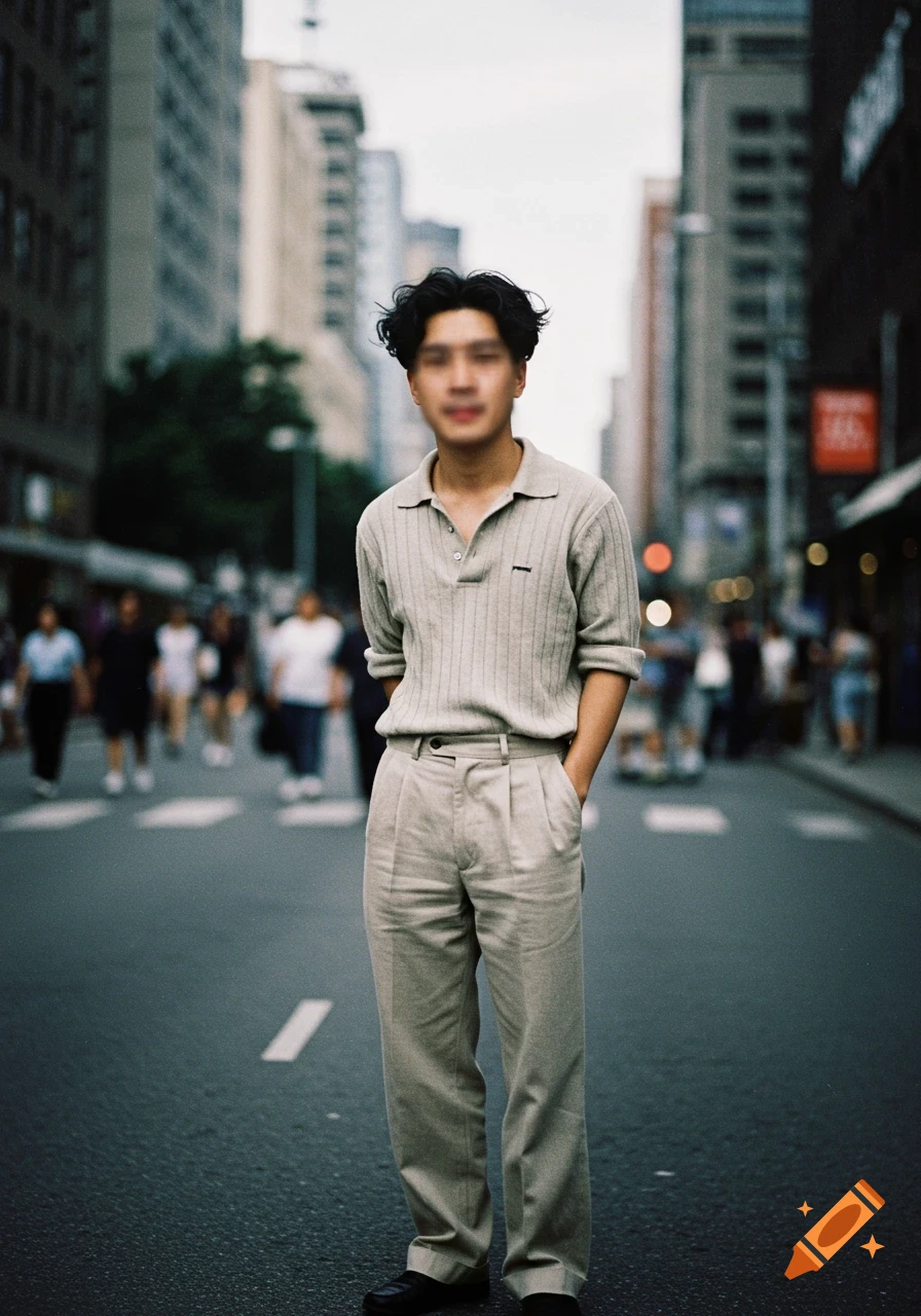 Man with blurred face in knitted polo, linen pants stands on city street, vintage style photo.