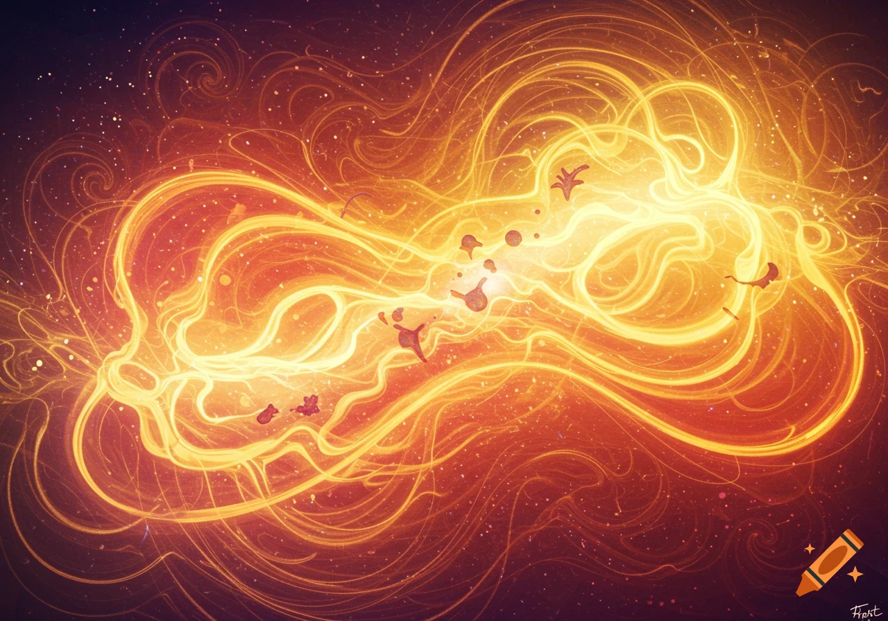 Abstract swirling golden light trails and sparks against a dark background.