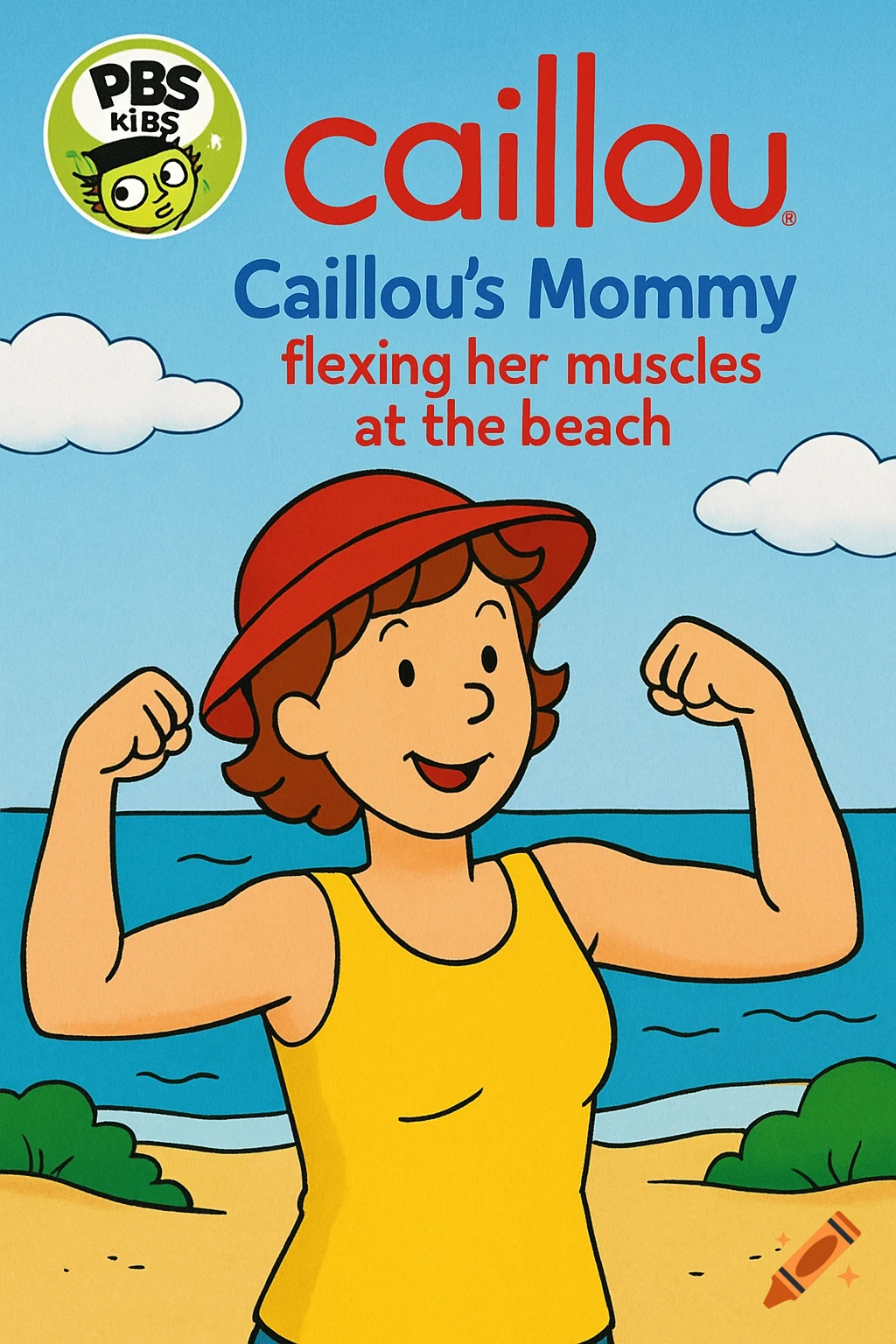 Cartoon of Caillou's mommy flexing muscles at the beach with show logo and title.
