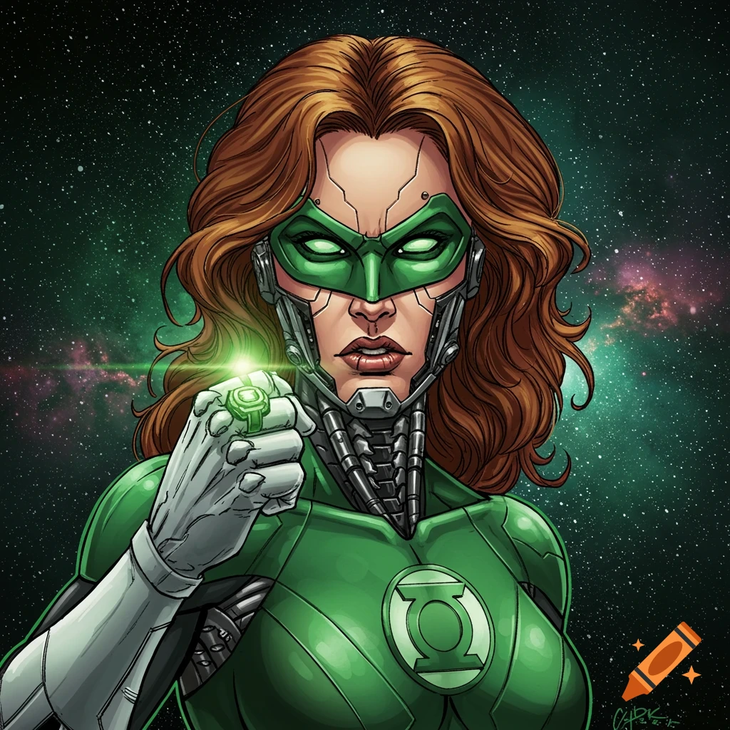 Female cyborg Green Lantern superhero portrait in space, comic art style