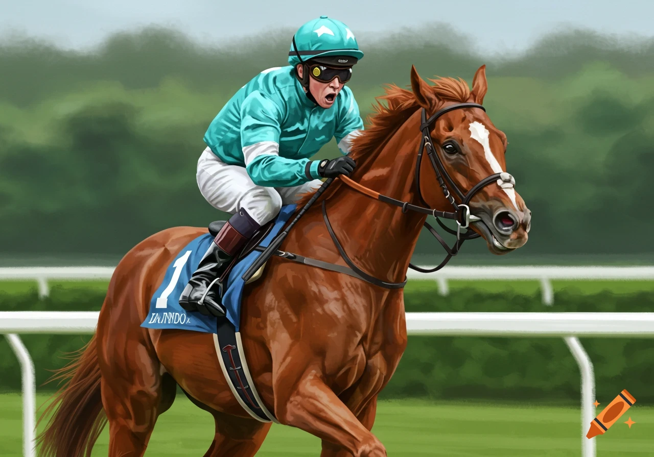 A jockey on a brown horse gallops during a race. Painterly style.