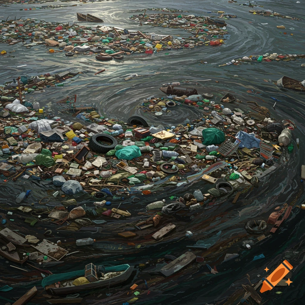 Large amount of trash swirls in the ocean