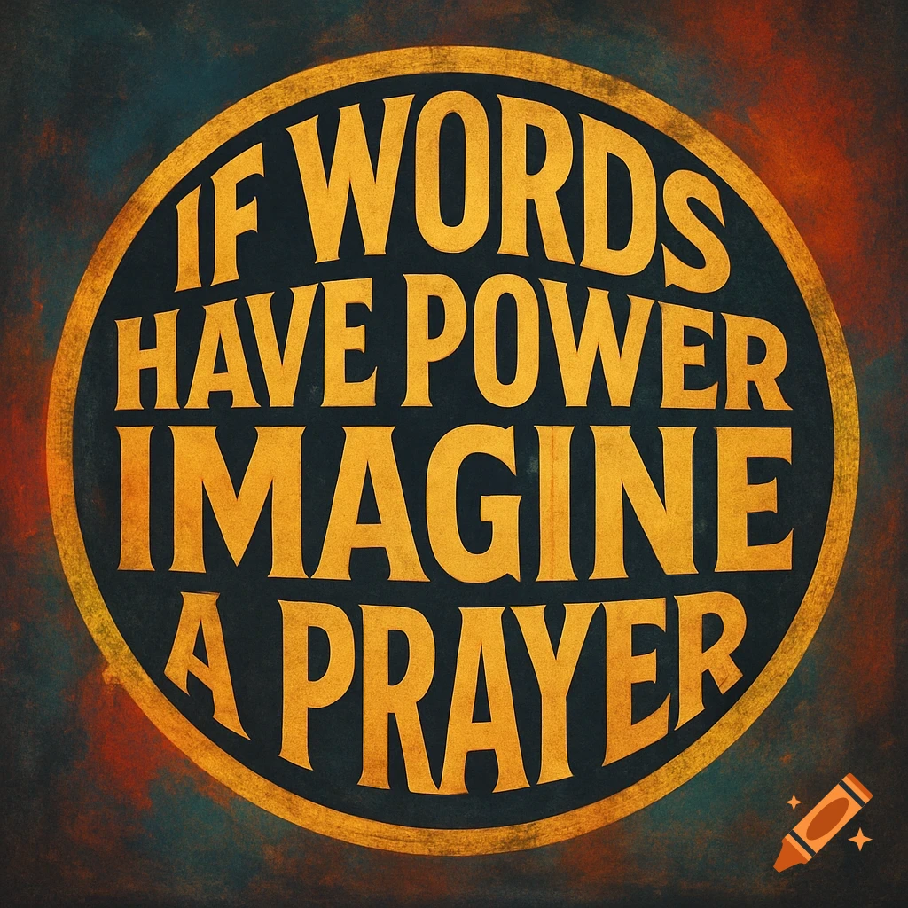 Circular design with gold text 'If words have power imagine a prayer' on a dark textured background.