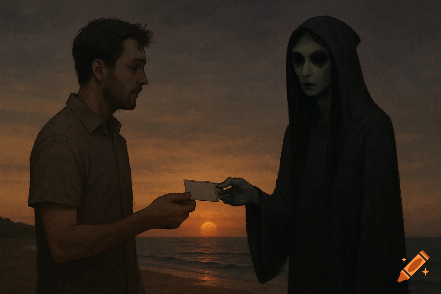 A man on a beach at sunset is handed a small card by a hooded figure with large dark eyes.