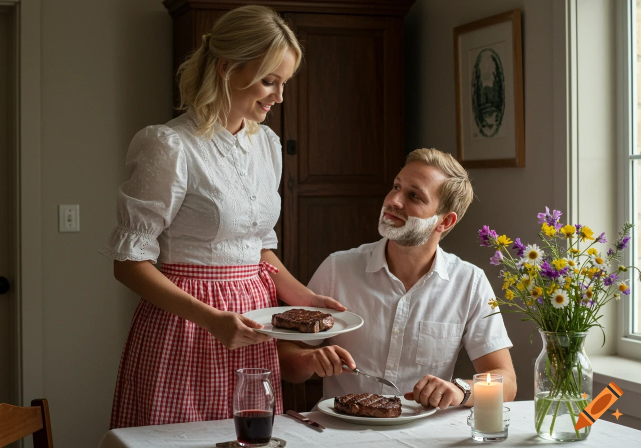Woman serves steak to man with shaving cream on face at a table with flowers and candle