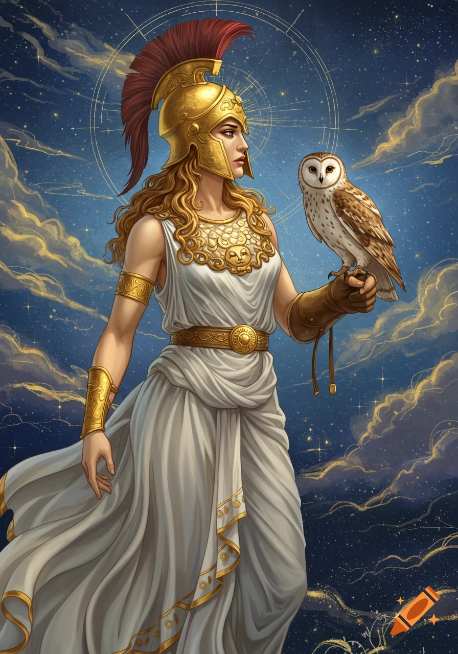 Fantasy illustration of the goddess Athena with an owl in a starry sky.