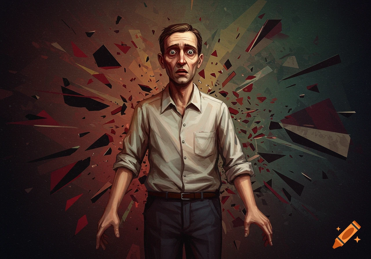 Illustration of a man with a scared expression against a background of shattered shapes.
