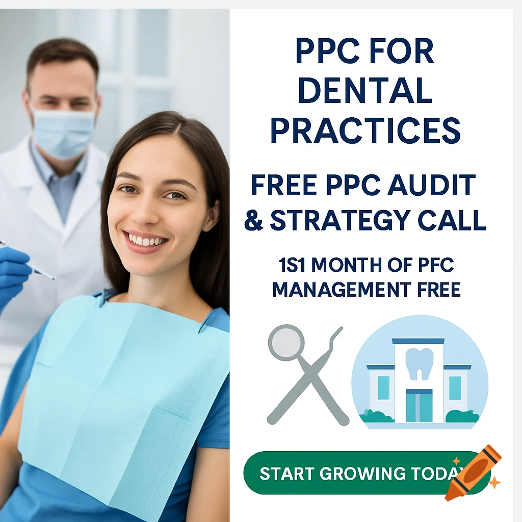 Woman in dental chair smiles while dentist stands behind her. Text promotes PPC services for dental practices.