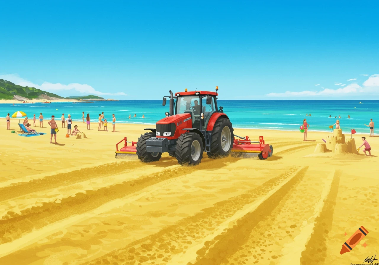 Red tractor raking a crowded sandy beach under a clear blue sky, illustration.