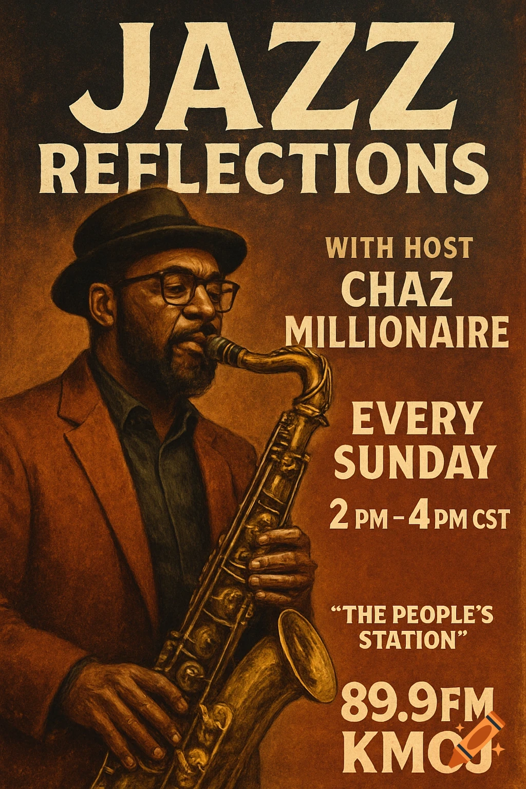 Vintage style poster promoting a jazz show, featuring a man playing a saxophone.