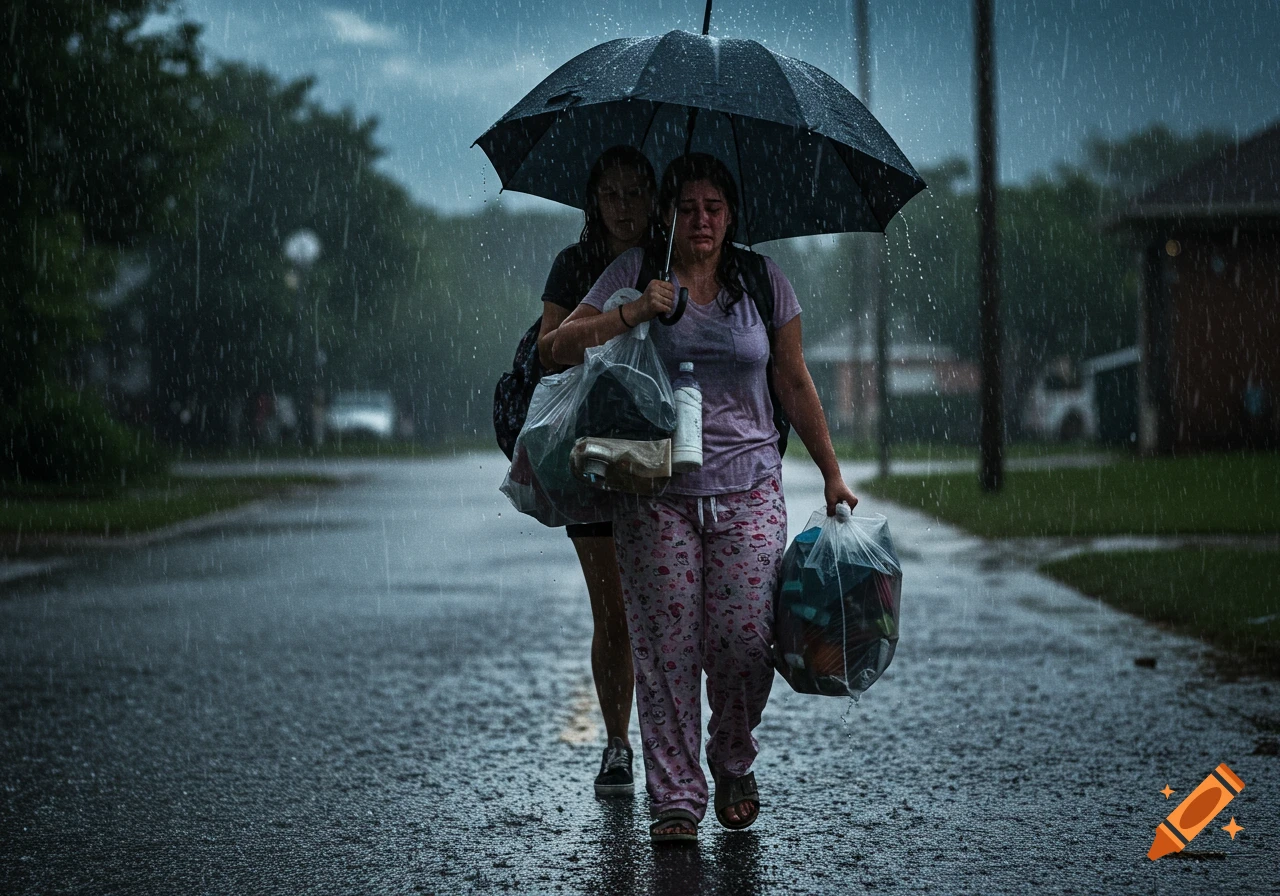 Two women walk down a street in heavy rain under an umbrella, one appears distressed and carries bags.