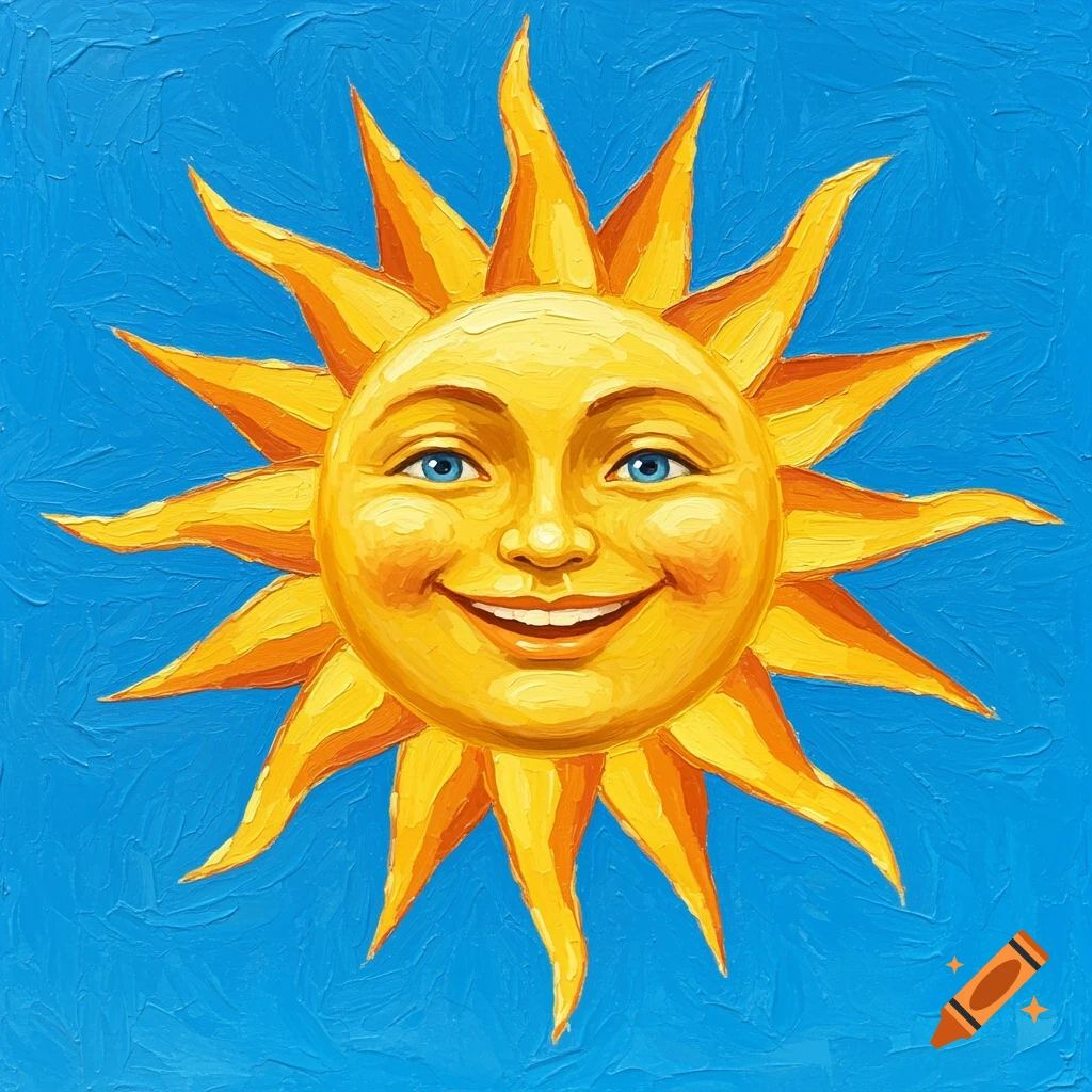 Oil painting of a smiling sun with yellow rays against a blue background.