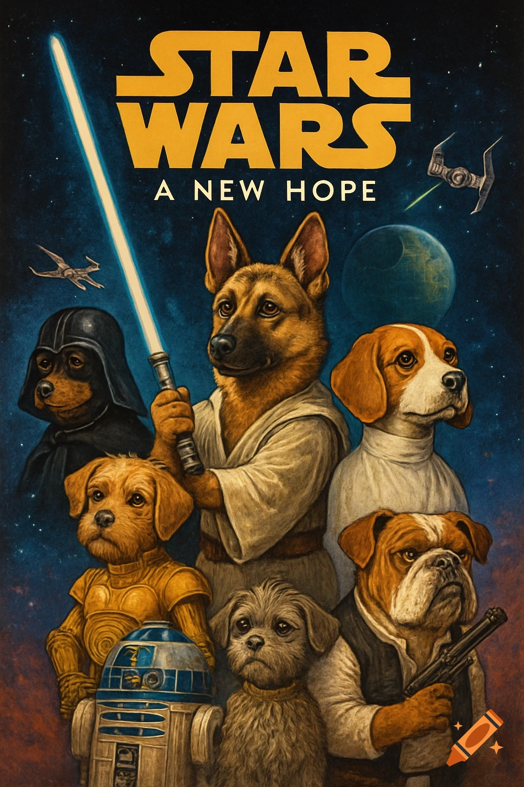 A Star Wars poster featuring dogs dressed as Luke Skywalker, Leia Organa, Han Solo, Chewbacca, Darth Vader, and R2-D2 in space.