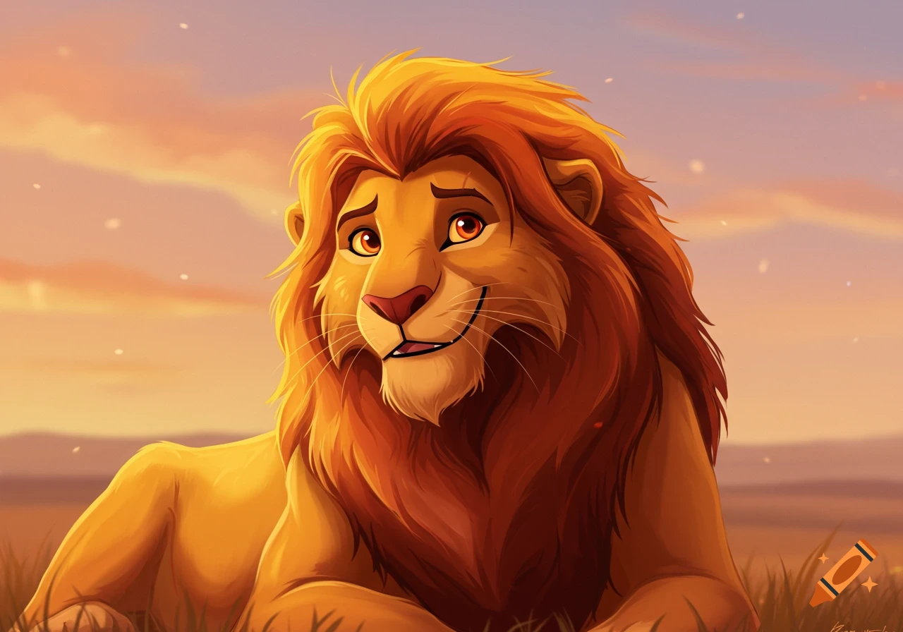 Animated lion lying in grass at sunset