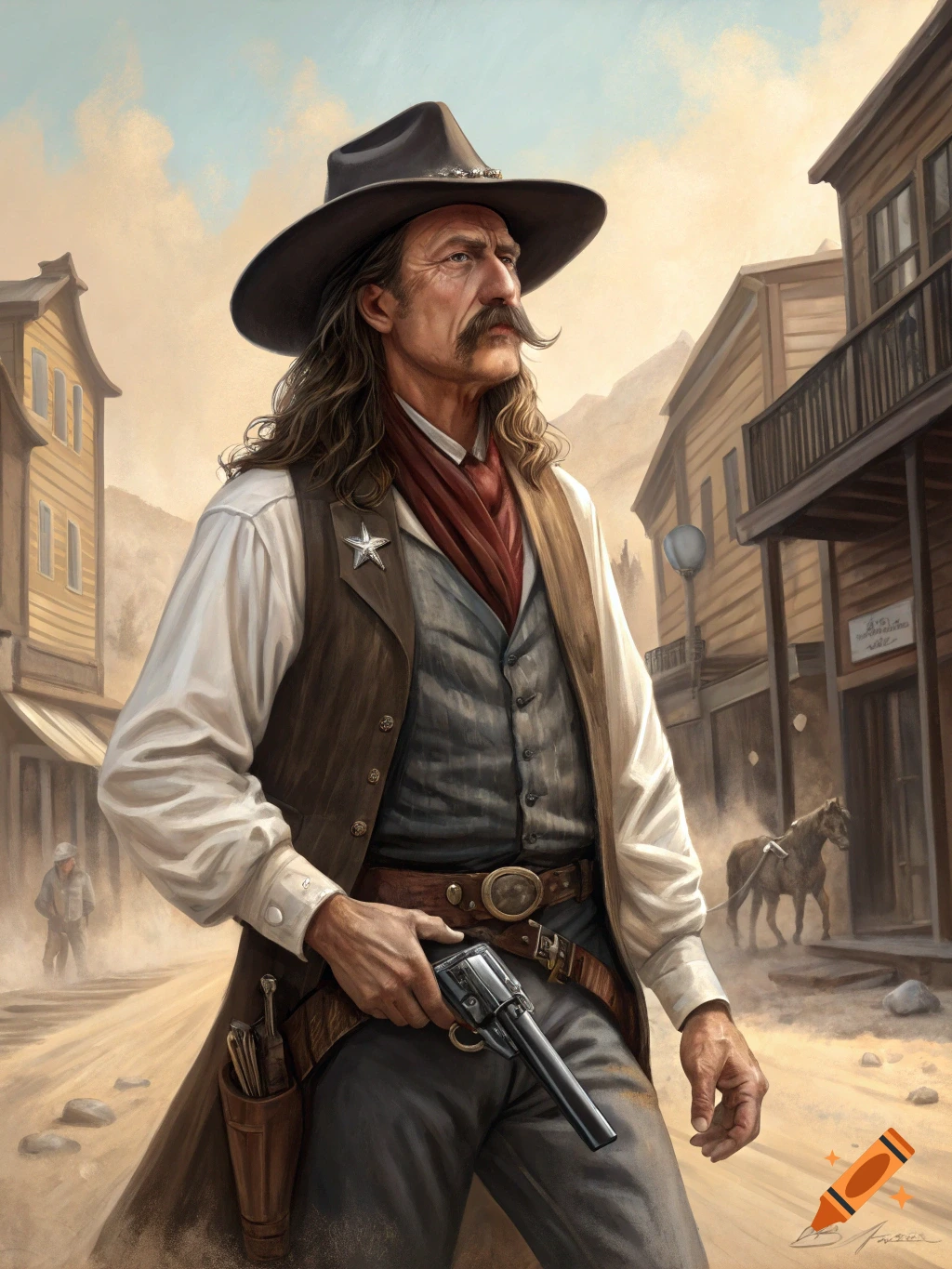 Painting of a cowboy holding a gun in a dusty western town.