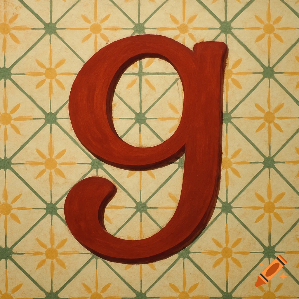 A red letter g on patterned tile flooring.
