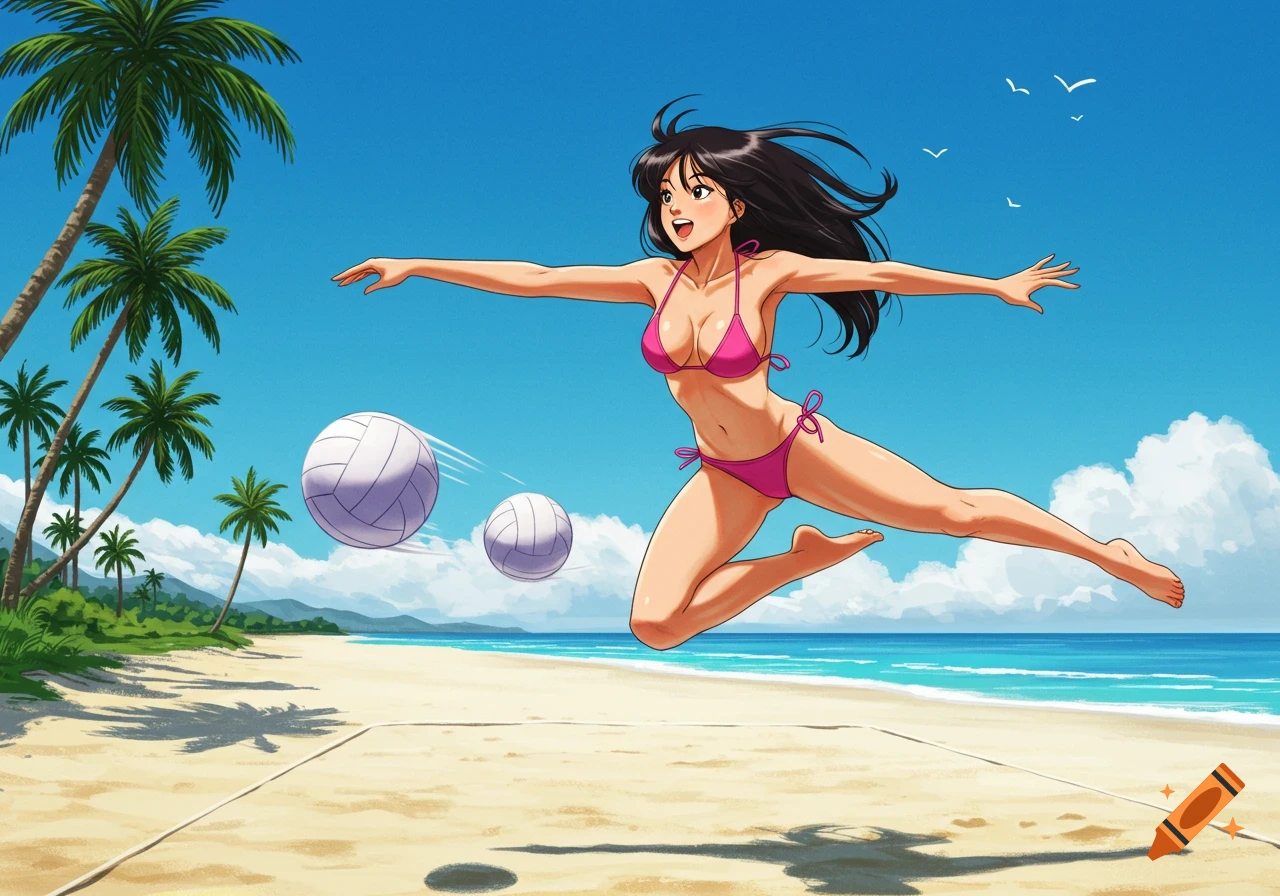 Anime woman in pink bikini jumping to hit volleyballs on a sunny beach.
