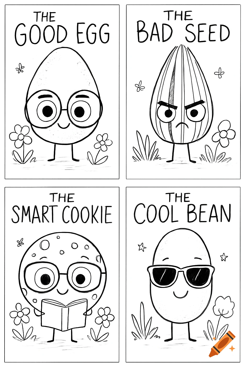 Four-panel black and white coloring page of cartoon characters (egg, seed, cookie, bean) from children's books.