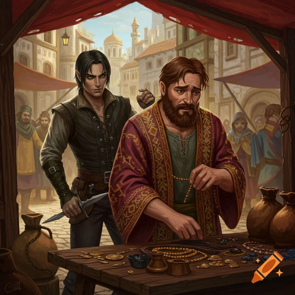 A fantasy thief stands behind a merchant selling jewelry in a bustling market, digital painting.