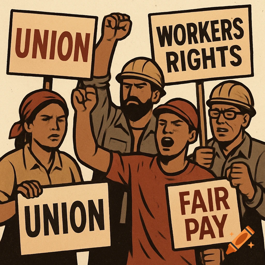 Stylized illustration of labor union workers protesting with signs for fair pay and workers rights.