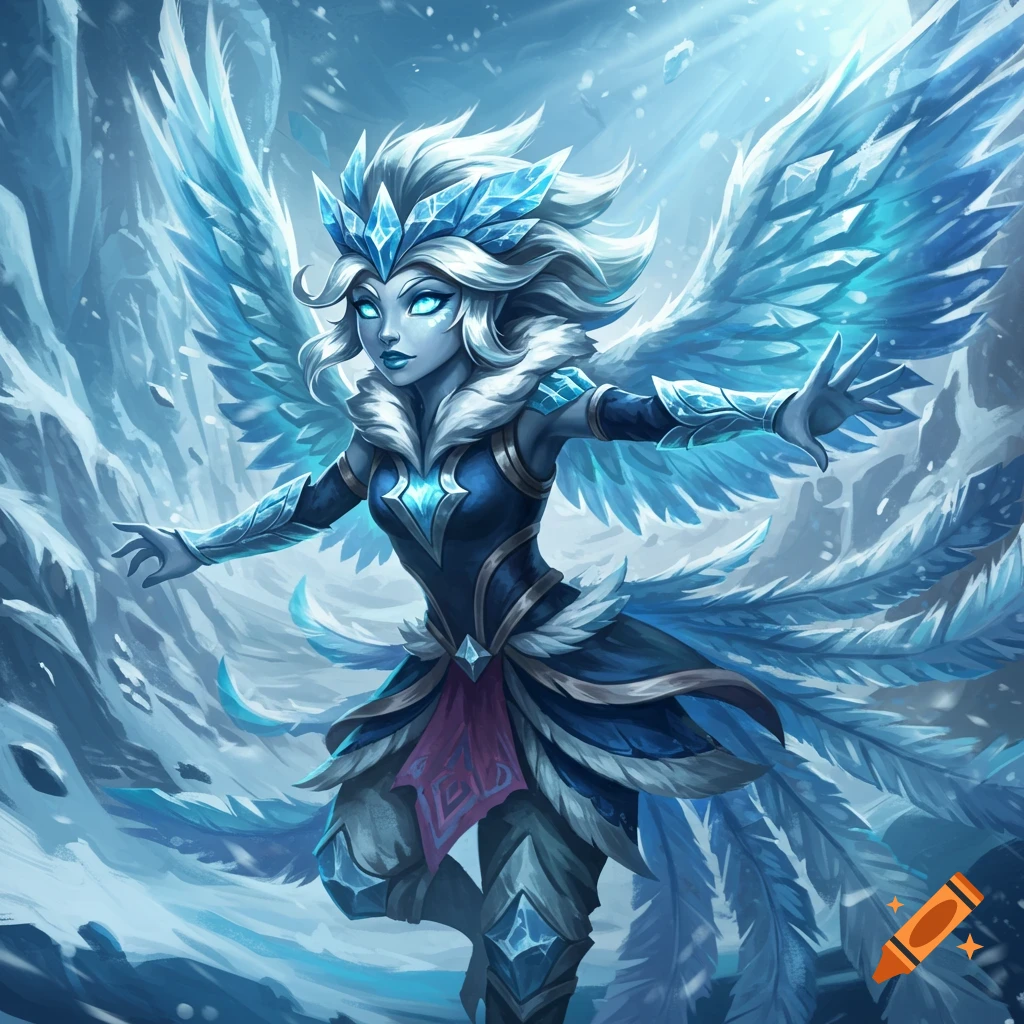 A fantasy character with ice wings and blue armor stands in a snowy environment, digital art style.