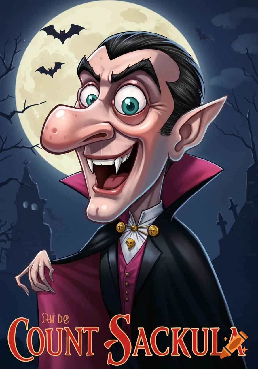Cartoon illustration of a grinning vampire with a large nose standing in front of a full moon with bats.