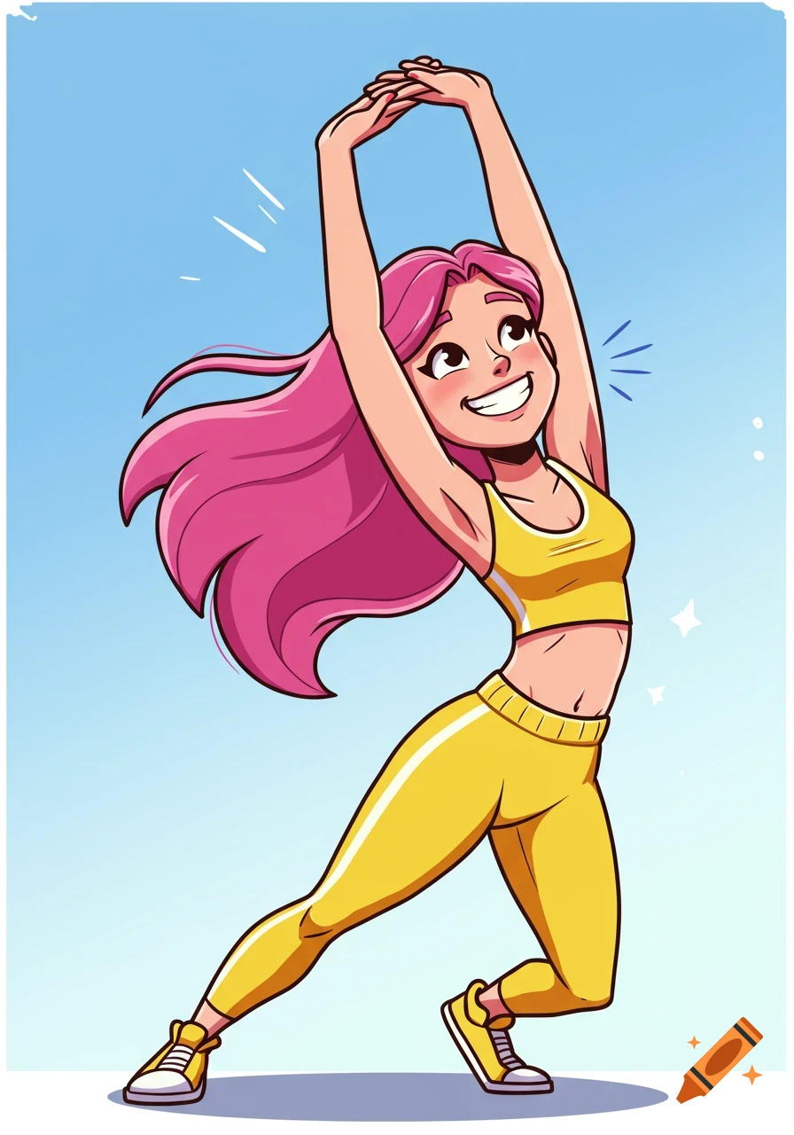 Cartoon woman with pink hair stretching her arms above her head