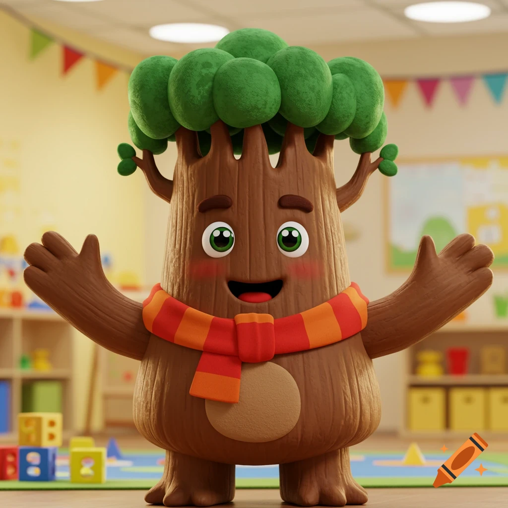 A cute cartoon tree mascot with arms open wide stands in a colorful preschool classroom.
