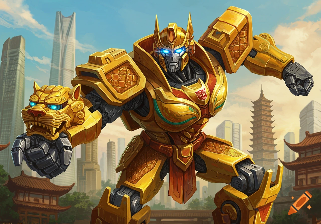 A large gold and red robot with a tiger claw arm stands in a city with Chinese architecture under a blue sky.