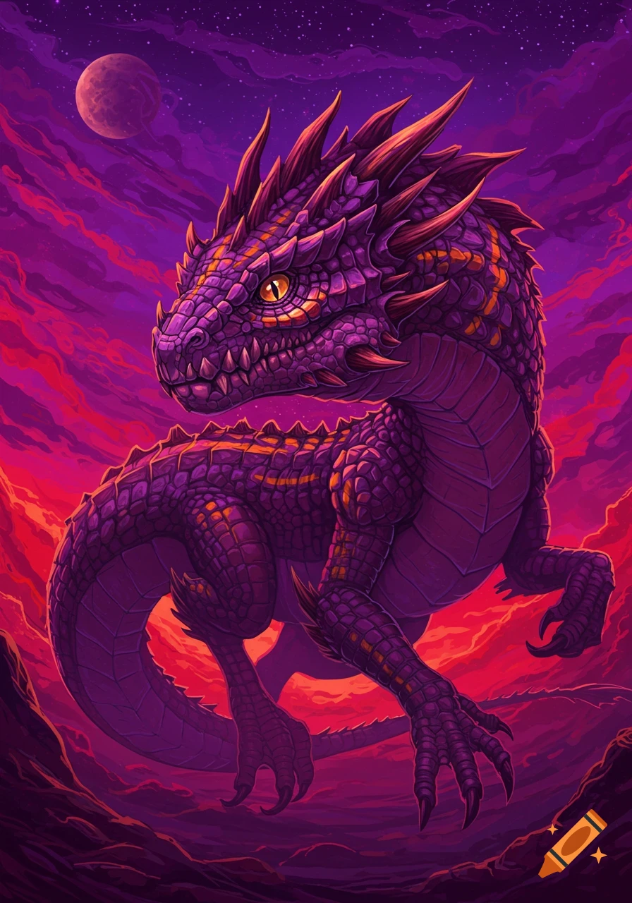 Purple dragon in a cosmic landscape with a moon