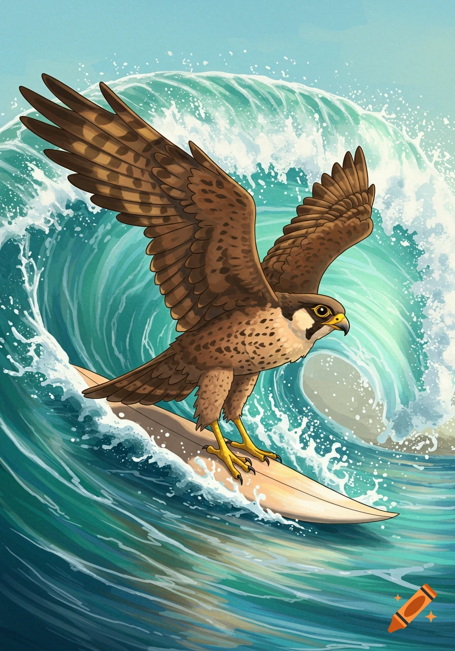 Illustration of a falcon surfing on a large wave.