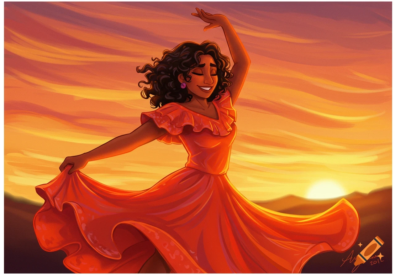 Illustration of a woman dancing in an orange dress against a sunset.