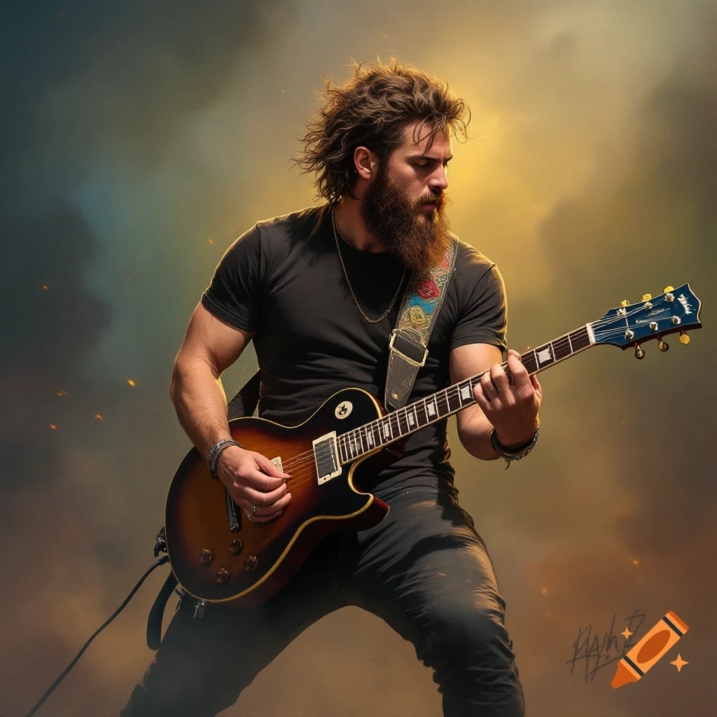 A man with a beard plays a guitar on stage with a smoky background.