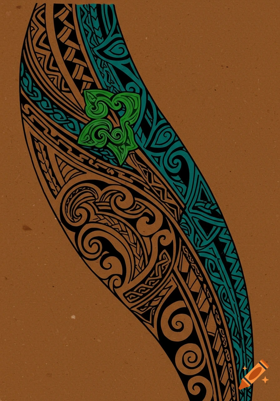Stylized tattoo pattern combining tribal and celtic designs with a green knot on brown background