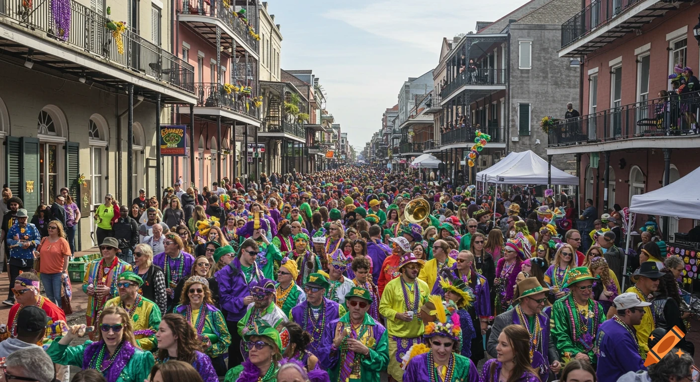 A photorealistic image of a large crowd celebrating Mardi Gras in a street lined with buildings in New Orleans.