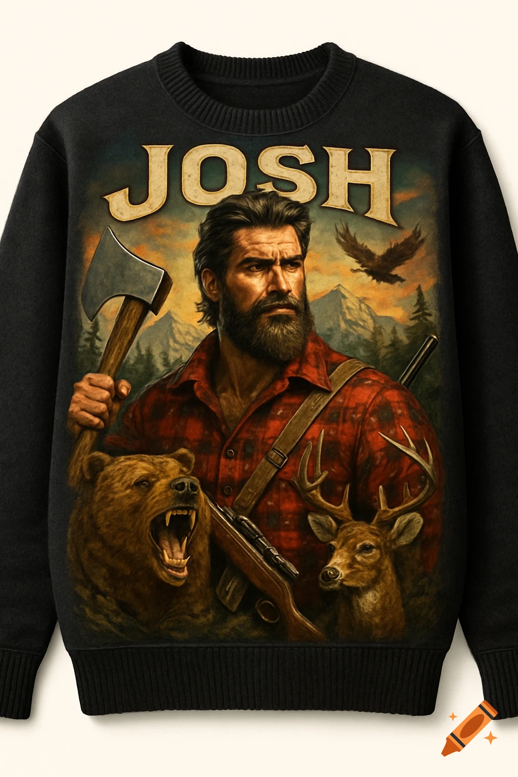 Sweater design with bearded man, bear, deer, axe, and "JOSH" text