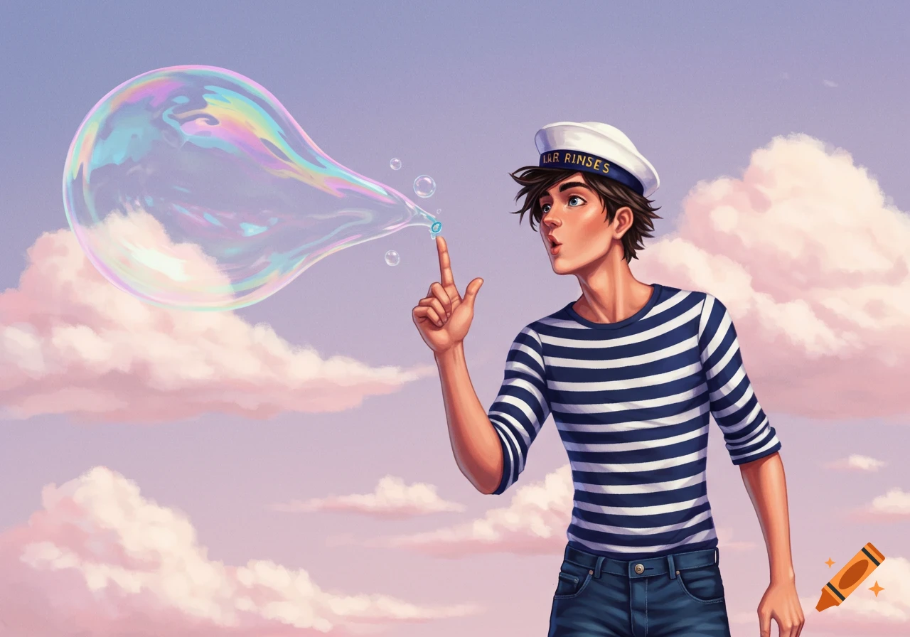 Illustration of a young man in a sailor hat blowing a large iridescent bubble among pink and purple clouds.